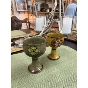 2 VTG Art Pottery Chalice Goblets – Hand Glazed Stoneware Handmade Painted Cups